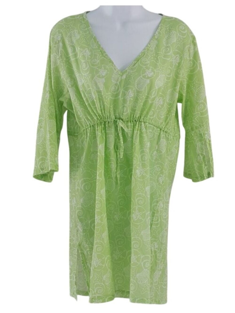 Sealife Womens Swim Cover Up Dress Green Medium Beach Seashell Drawstring V Neck